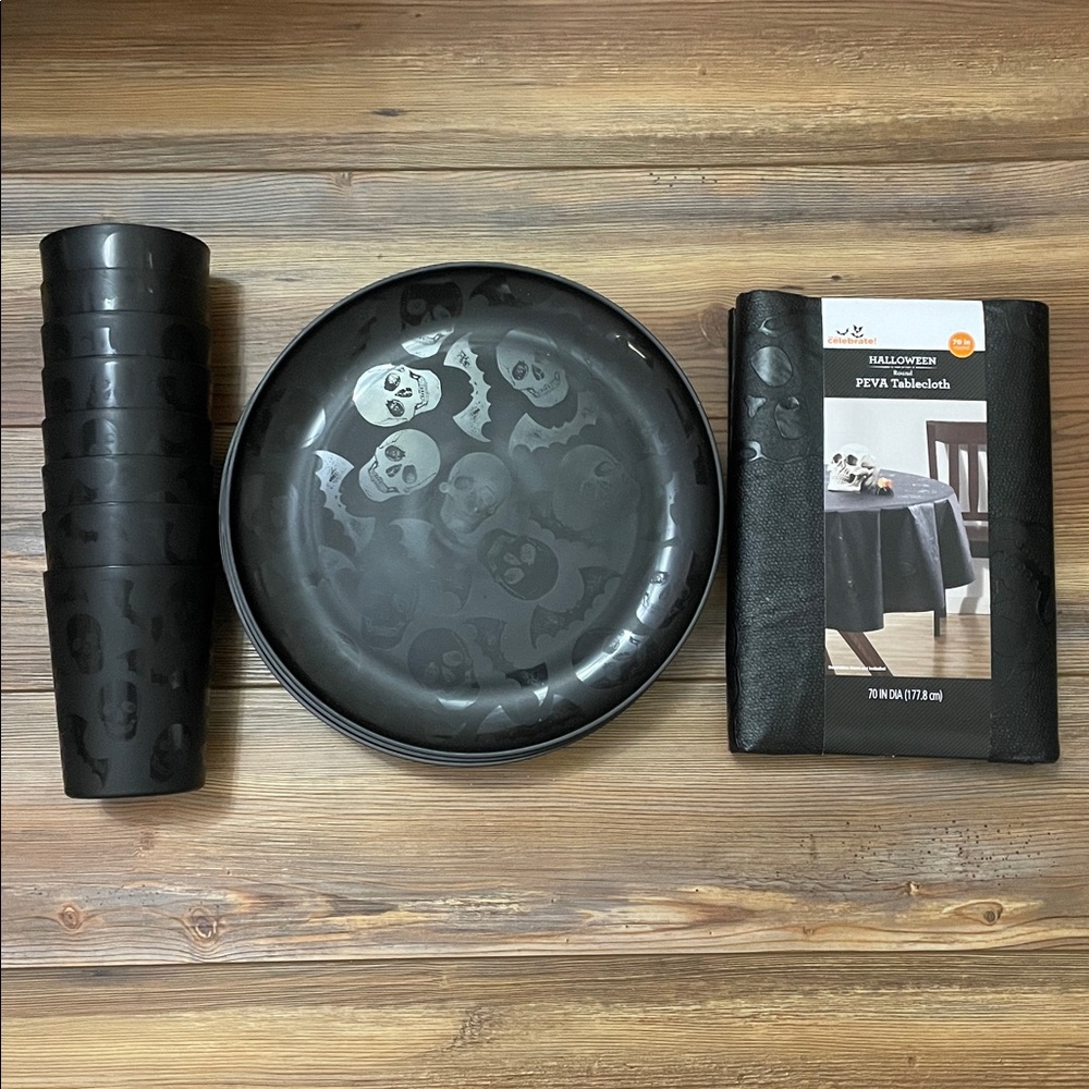 Black Skull and Bats Plastic Plate and Cup Set and Skull Tablecloth Bundle